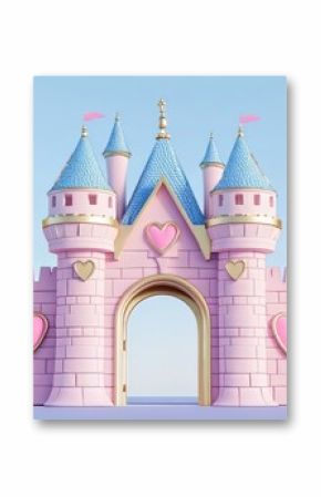 Whimsical pink castle with golden accents and heart details on a clear blue background