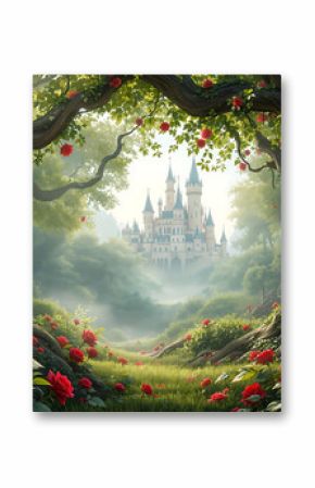 Fairytale castle viewed through a frame of large, red rose-covered trees. Ideal for fantasy, storybook, or magical-themed designs and backgrounds.