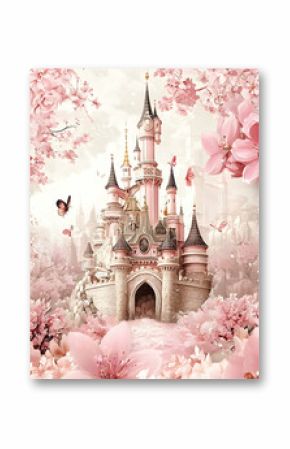 Pink castle spring blossom fantasy scene, fairytale decor