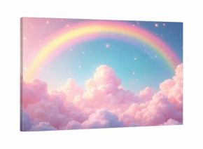 Pastel rainbow over pink clouds. Fantasy fairy sky with stars. Charming holographic iridescent gradient background. Perfect wallpaper for princess party or cute wallpaper for girls.