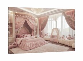 A beautiful and spacious children's room with a luxurious pink princess bed and soft, textured bedding.