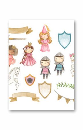 Fairy tale Princess and Knight watercolor illustration 