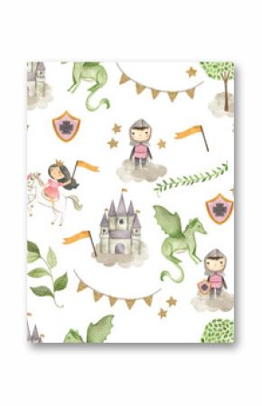Fairy tale Princess and Knight watercolor illustration seamless  pattern  white 