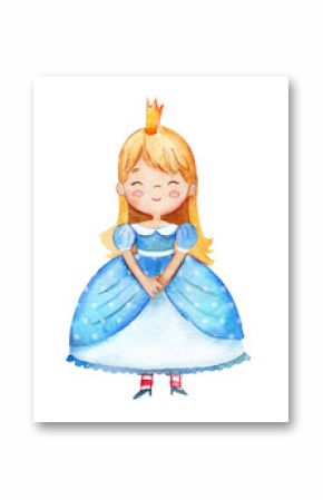 Watercolor illustration of a cute little princess in a blue dress. Little blond girl illustration. Isolated on a white