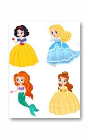 cartoon characters snow white, cinderella, the little mermaid ariel and belle isolated on white background. beautiful fairy princesses in elegant dresses 