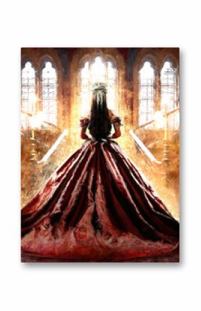 The silhouette of a beautiful princess bride in a red luxurious dress, she has a silver crown, standing in front of a beautiful forest with golden sun rays from the castle windows. 2d oil art.