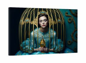 Rich sad unhappy beautiful princess girl trapped and locked into a golden cage, living imprisoned, copy space, generative AI
