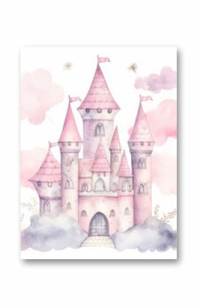 Pink Watercolor Castle Isolated. Illustration AI Generative.