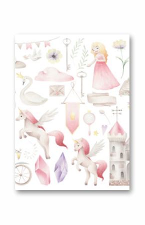 Watercolor set with cute unicorne and princess. Cartoon set illustration for girls.