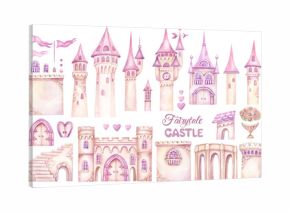 Fairytale Castle Watercolor Clipart, princess castle architecture elements, Cartoon constructor fairy tale magic kingdom, clip art with towers, gates, flags, roofs for create design for baby girl