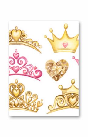 Watercolor hand drawn Set of queen golden crowns. Collection of pink and gold princess tiaras cartoon illustration