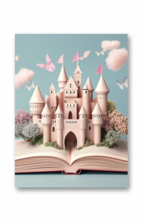 open book with princess castle with flowers and clouds growing out of it paper cut style with pastel colors created with AI generative tools