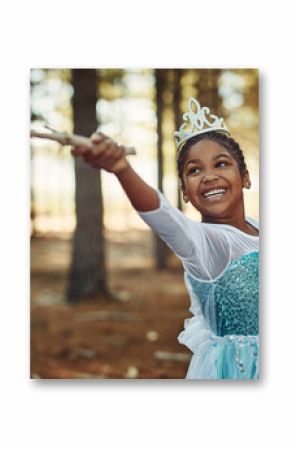 Forest, princess costume and girl with stick for playing fantasy, childhood games and happiness. Nature, fairy tale and face of happy child in woods play with branch for adventure, freedom and fun