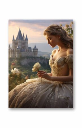 A daydreaming, fantasy princess with lush hair, adorned in a lovely dress, immersed in thoughts of her knight in shining armor, amidst a scenic backdrop of mountains, a castle, blooming flowers