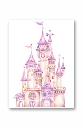 Pink magical castle. Fairytale watercolor hand painted illustration isolated on white background. Ideas for baby shower invitation, kids greeting cards, girls nursery decoration