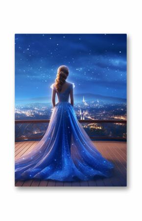 generative AI tools, Fantasy happy woman princess stands on balcony looks at night sky  