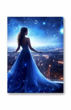 generative AI tools, Fantasy happy woman princess stands on balcony looks at night sky  