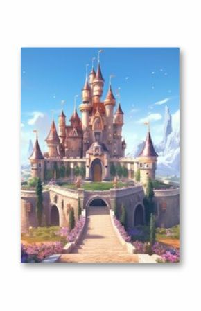 Grand and enchanting game art castle straight out of a fairy tale, complete with towering turrets, a drawbridge, and a sprawling garden