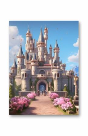 Grand and enchanting game art castle straight out of a fairy tale, complete with towering turrets, a drawbridge, and a sprawling garden