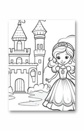 Print out the line art of the cartoon princess and castle and start coloring.