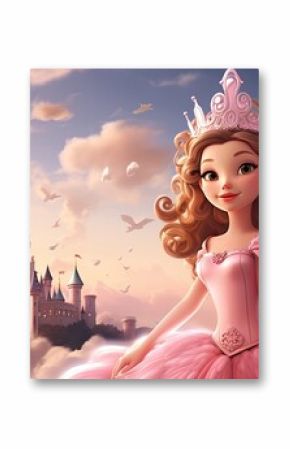 Cartoon princess in rosy dress with tiara, in front of a magical pink castle and fluffy clouds. Concept of fantasy and enchantment.