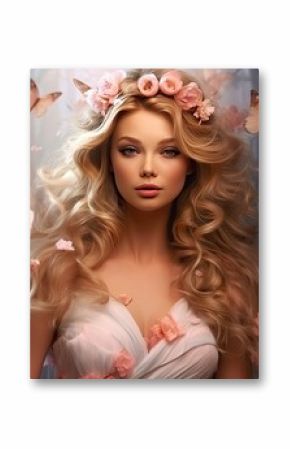 Spring fairy princess. Flowers and butterflies portrait of a beautiful blonde woman.