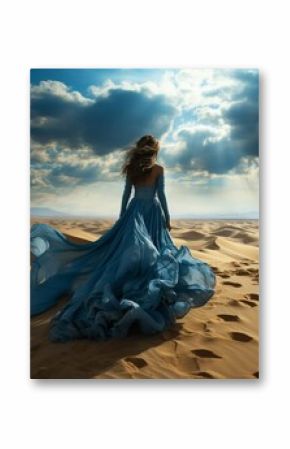 sensual woman wearing a luxurious blue dress in a warm yellow sand desert