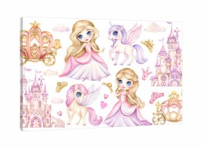 Fairytale watercolor clipart little princess, castle and unicorn. Set of hand drawn illustration of cute fairy tale girl, kingdom, magic pony and carriage in cartoon style isolated on white background