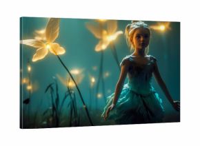 Cute little princess in a magical forest with glowing flowers and insects, portrayed in a fantasy character design