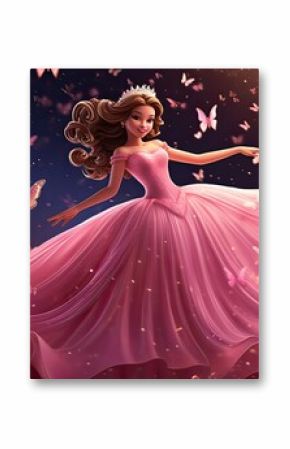 Cute cartoon princess in pink dress, surrounded by sparkles. A fairytale dream come true.