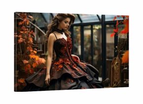 Gorgeous fictional woman dressed in a long black princess dress for Halloween.
