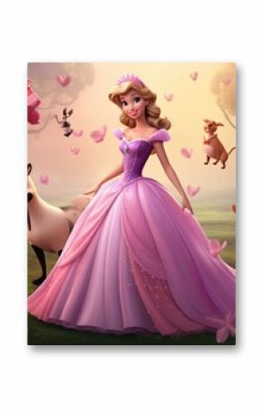 Dreamy cartoon princess in a pink gown, shining with sparkles. A magical and enchanting character.