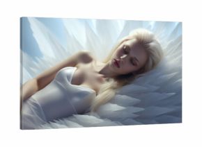 Young fairytale princess with silky soft blonde hair taking a beauty rest on a radiant white crystal feather bed, peacefully asleep, soft night light, fantasy castle bedroom.