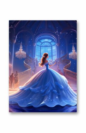 ブルーのドレスを着た美しいプリンセスが、夜の王宮のダンスホールの舞踏会で踊っている