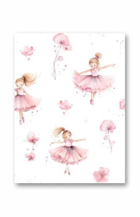 Seamless pattern with cute little girls ballerinas and flowers isolated on white background.