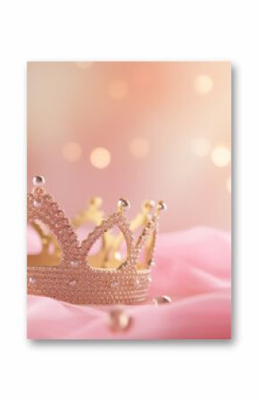 Princess birthday party: golden bedazzled princess crown on a pink tulle fabric with golden bokeh background