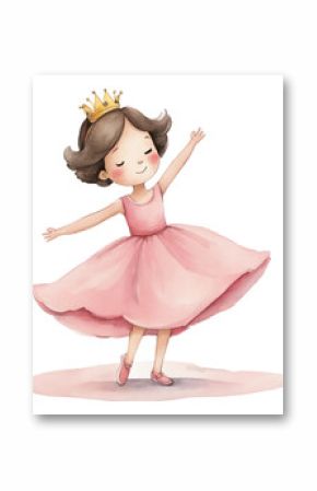 Little Pink Princess, Cute Hand Painted Style, Childish Watercolor Drawing, Fairy Tale Fantasy, Dancing little Girl, Generative AI 