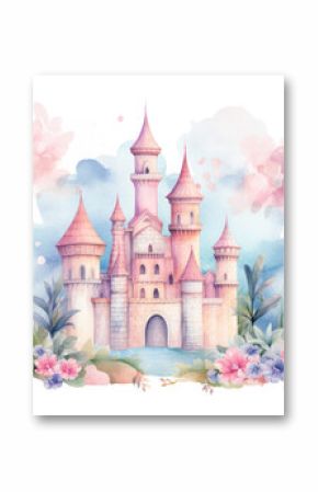 Cute watercolor princess castle Illustration, Generative Ai