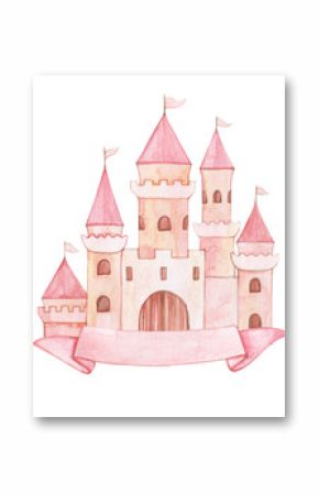 Watercolor illustration of a pink princess castle with a ribbon for the inscription. Fairy tale. Design for girls. Hand drawn.