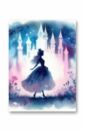 Silhouette of a fairy tale princess in front of a magic castle.