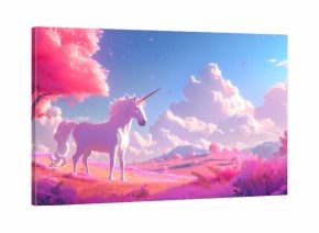 Unicorn in fairy world and rainbow sky background. Magic unicorn in fantastic idyllic landscape.
