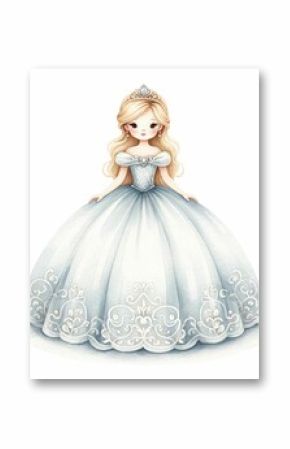 princess in a ballgown.  watercolor illustration. Beautiful Bridesmaid. Beautiful Girl in Luxury Party Gown. bride in wedding, princess illustration.. white background.