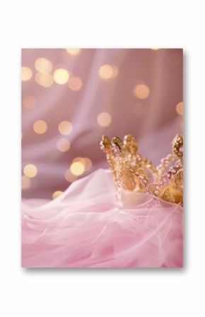 Princess birthday party: golden bedazzled princess crown on a pink tulle fabric with golden bokeh background