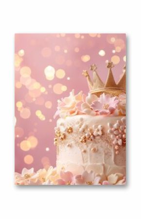 modern princess themed pastel color butter cream birthday cake with golden tiara and real roses on a pastel pink background with bokeh and glitter