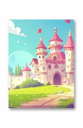 Fairytale princess castle background with signboard arrow. Fantasy king palace background with tower scene. Fantastic game nature environment.