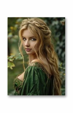 Portrait princess woman model in green dress in a forest. AI generated image