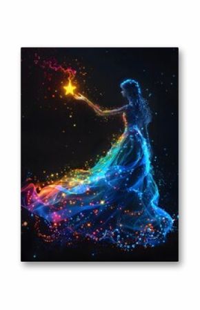 rainbow ballerina princess touching a star on black background