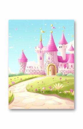 Cartoon fairytale scene with princesses and castles