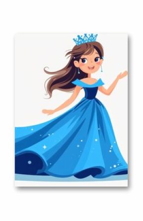 Showcasing a whimsical cartoon princess in a star-adorned blue dress with a regal pose