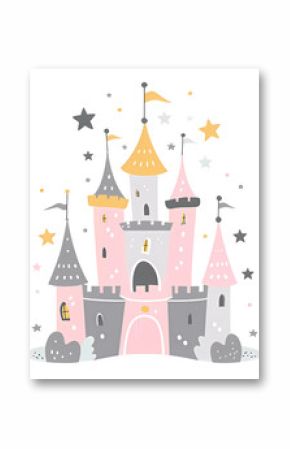 Cute fairy tale princess castle, baby print.Simple cartoon flat illustration on transparent background PNG